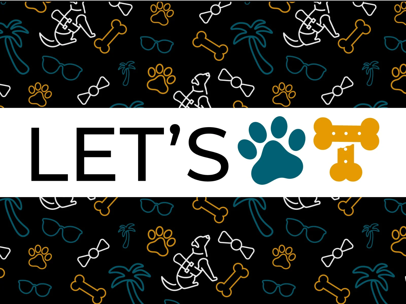 'Let's PAWty' graphic on a pattern of palm trees, sunglasses, bow ties, and paw prints